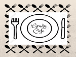 This is a picture of a plate and a fork on the left with a knife on the right saying Grady Cafe